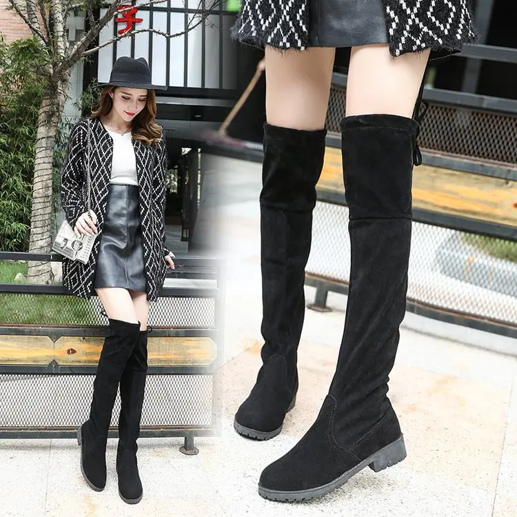 

Round Toe Concise Solid Over-the-Knee Long Boots for Women Square Heel Lace-Up Autumn Winter Thigh Boots Low Sewing Shoes