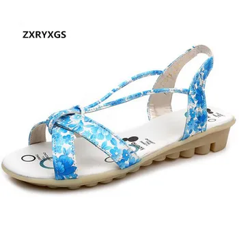 

2019 Soft Bottom Comfort Printing Genuine Leather Sandals Summe Women Sandals Flat Plus Size Shoes Woman Fashion Casual Sandals