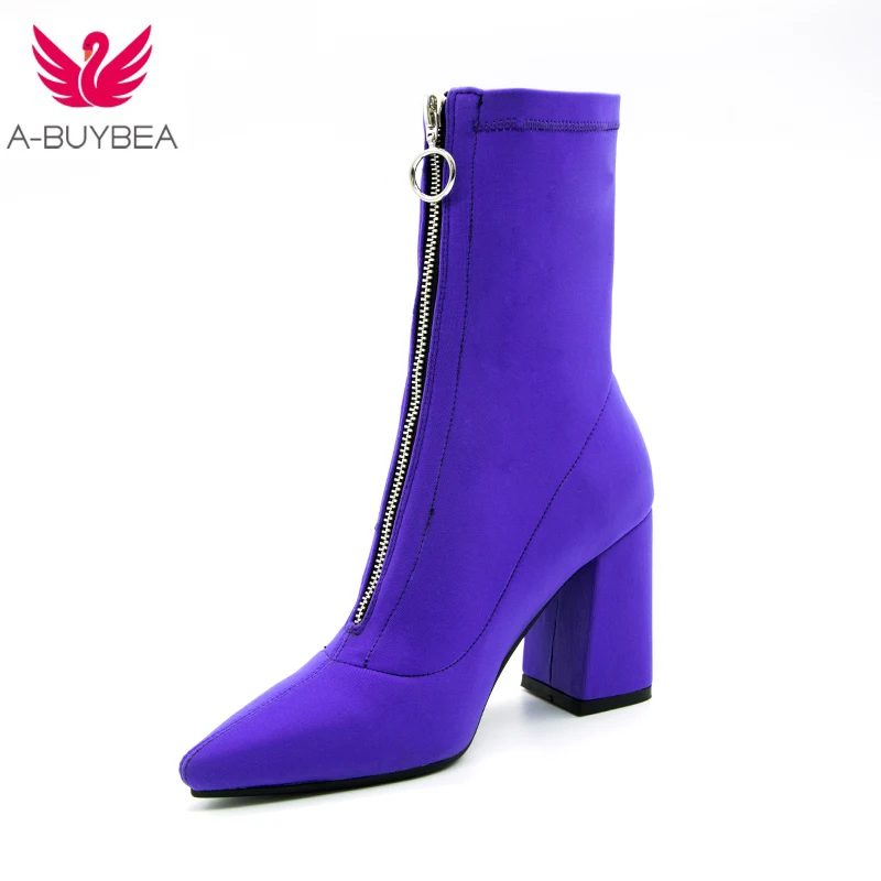 Новинка года; сезон осень; Цвет фиолетовый; эластичные модные Ботильоны на каблуке; женские короткие ботиночки на квадратном каблуке с острым носком; обувь на высоком каблуке 9 см