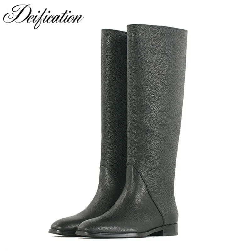 

Deification Black Shoes Woman Flat Knee High Riding Booties Round Toe Ladies Long Botines Split Leather Winter Motorcycle Boots