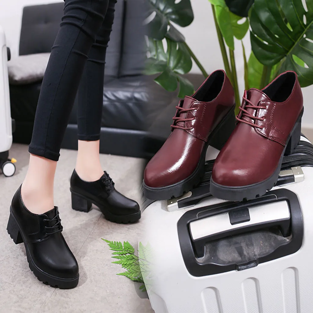 Women's Boots Thick Heels With Thick-Soled Round Head Student Casual Fashion Shoes PU Leather Female Comfortable Shoes C50#