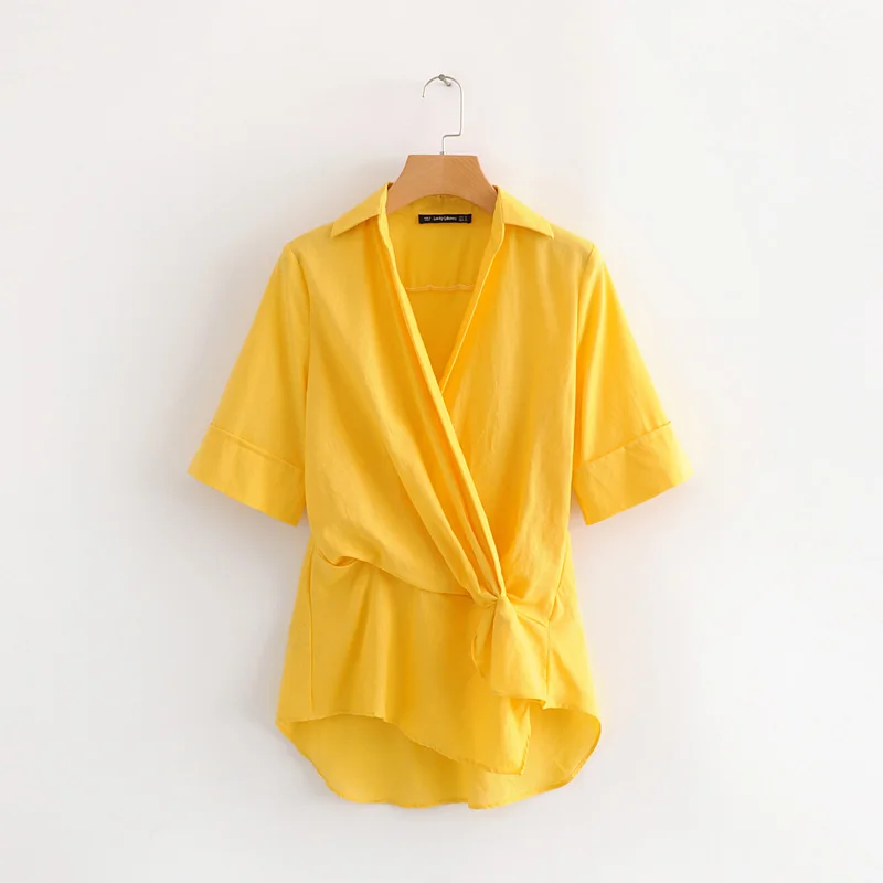

2018 Elegant Pure color Half Sleeve Lady High Street Fold Long Blouse Summer Women Casual Cross V neck Yellow shirt Tops N393