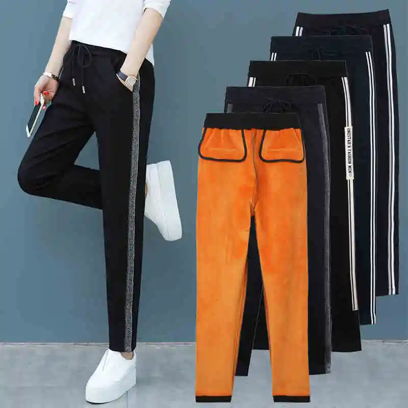 

Winter casual high waist Thicken Warm Pants women Black straight pencil trousers plus size Elastic Velvet pants Slim Leggings