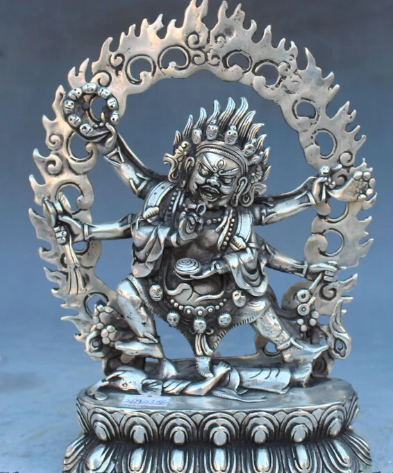 

decoration bronze factory outlets Tibet Silver 9" Chinese Tibetan Buddhism Silver Stand Mahakala Wrathful Deity Buddha Statue