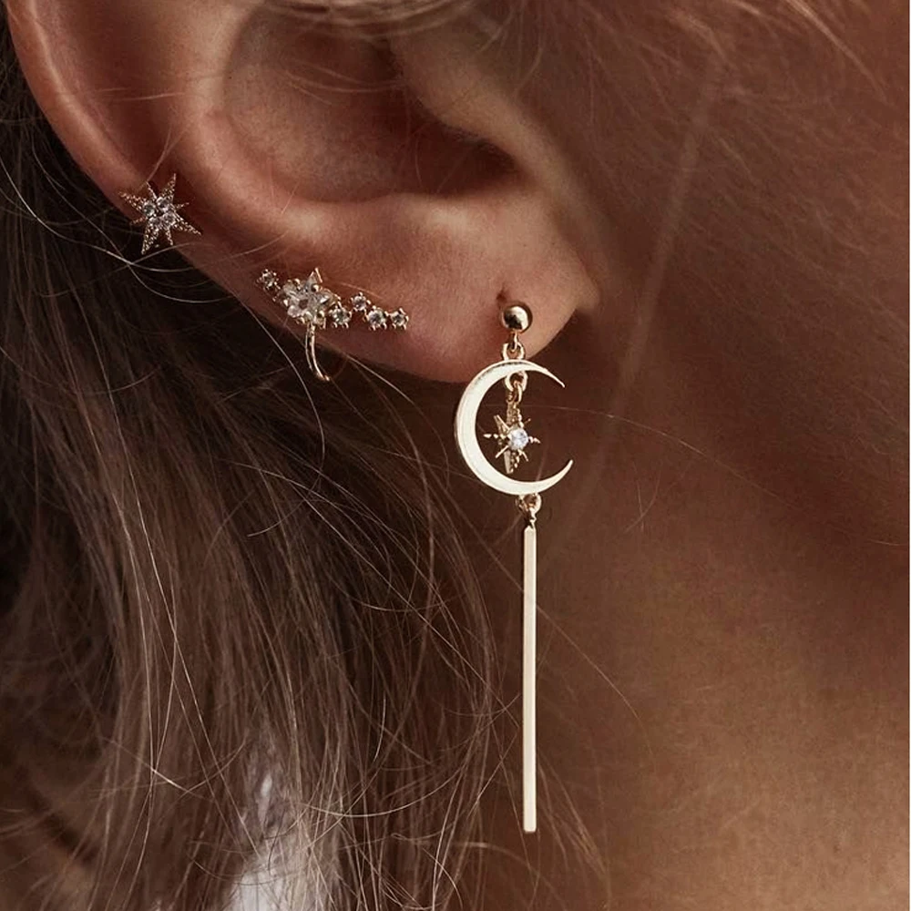 

4/3 Pcs/Set Boho Cross Flower Water Drops Long Tassel Chain Pendant Gold stud Earrings Set Star Moon Women Charm Wedding Jewelry