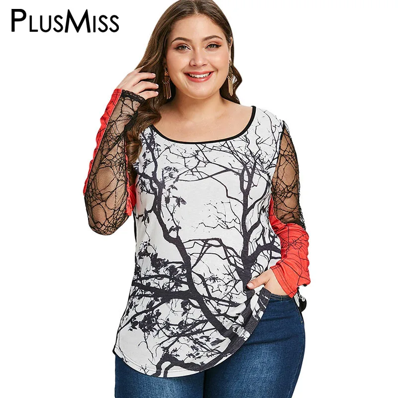 

PlusMiss Plus Size 5XL-L Halloween Sexy Lace Mesh Sleeve T shirts Women Branch Printed Tops Tees Autumn Spring 2018 Big Size