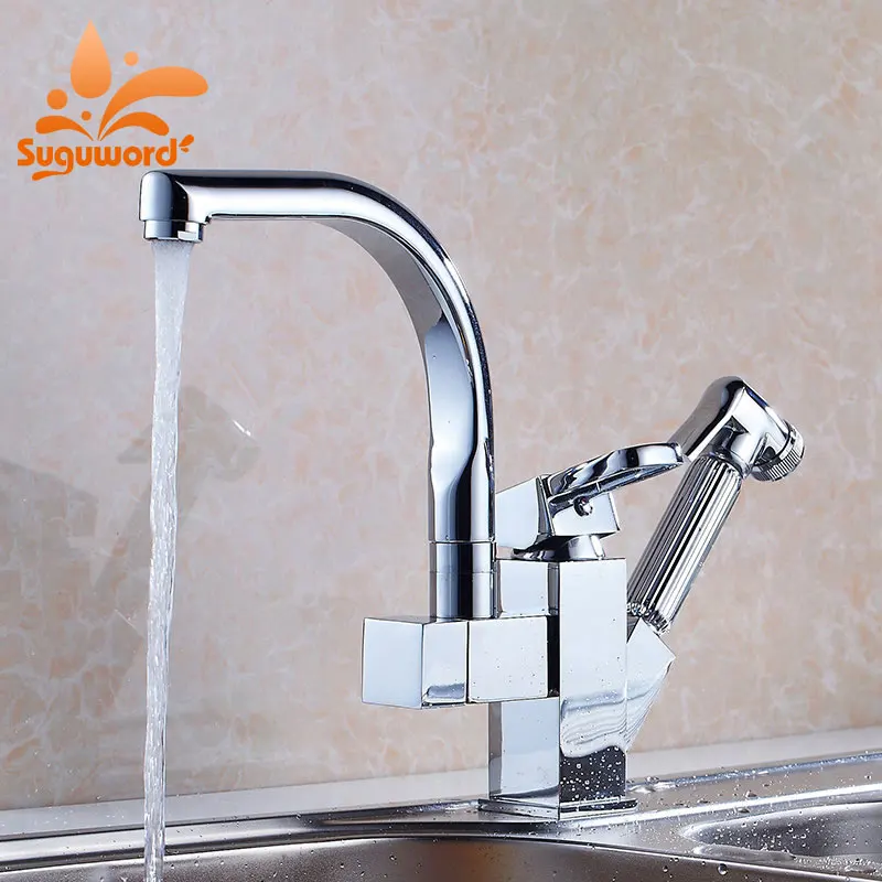 

Suguword Chrome Kitchen Faucet with LED or no LED Hot and Cold Mixer Tap Deck Mounted Pull out Spray Gun
