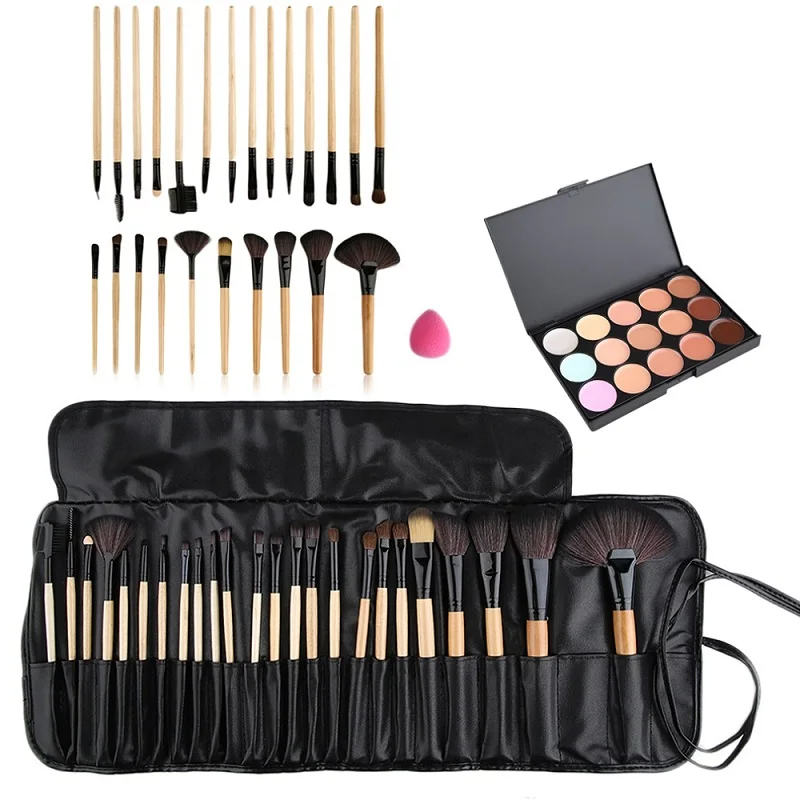 

Beauty Professional Makeup Brushes Concealer Fashion 24pcs Makeup Cosmetic Brushes +15 Color Concealer Platte + Sponge Puff Set