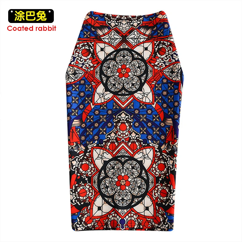 

CR Summer Runway Vintage Ethnic Print Pencil Bodycon Back Split High Waist Women Skirts Fashion Casual Skirt