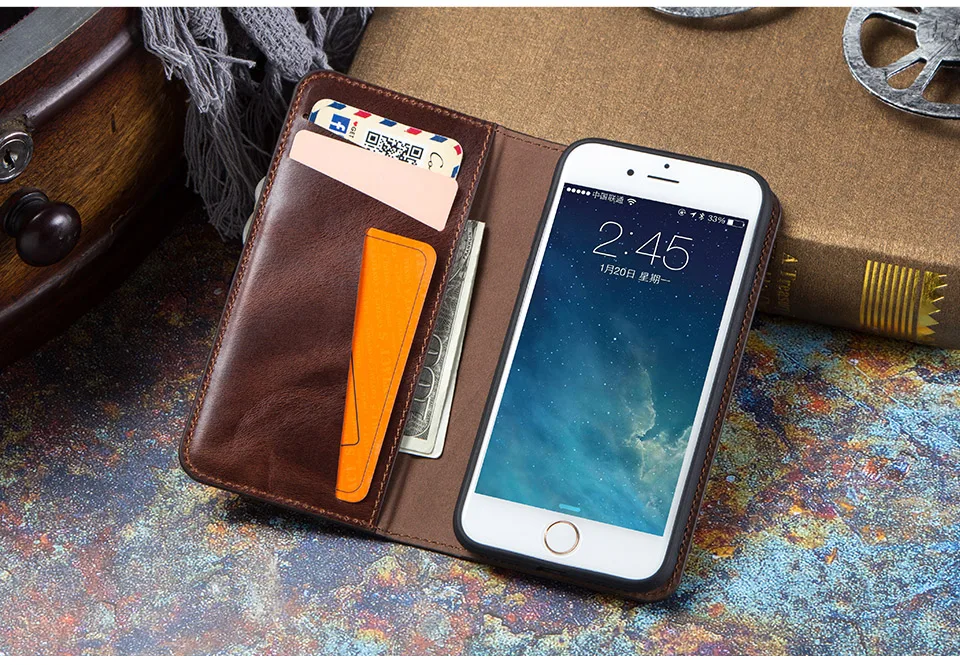 CONTACTS FAMILY Genuine Leather Flip Case For iPhone 8 7 Retro Wallet Case Cover For iPhone 7 8 Protective Phone Bag Shells case for iphone 7