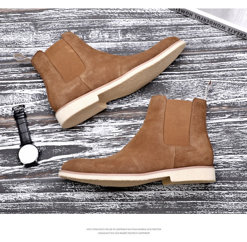 Mens Boots' Slip-On Suede Men Boots Casual Genuine Leather Chelsea Boots Men Full Grain Leather Fashion Ankle Boot Mens Big Size (7)