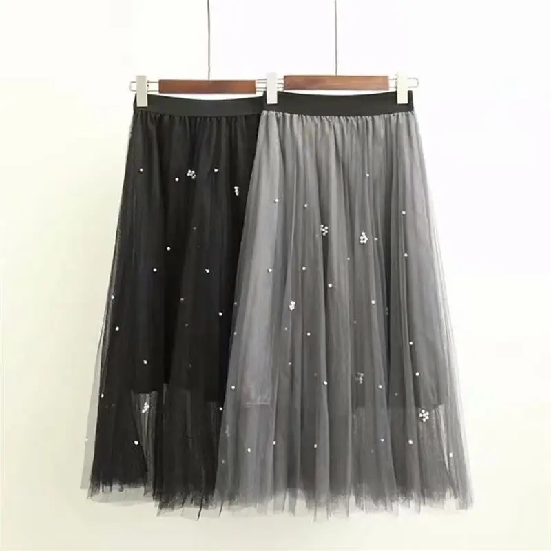 Большие размеры, высокая талия, черная и серая Длинная женская юбка, весна, лето, Осень, новая мода, сетчатая плиссированная юбка с бисером