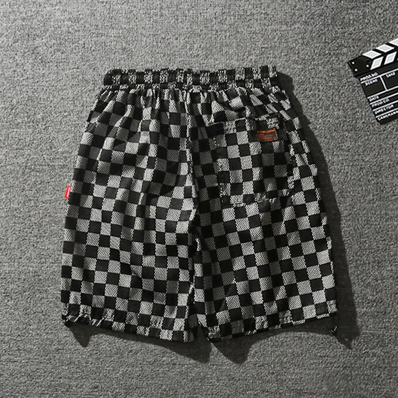 Черные и белые клетчатые сетчатые мужские шорты кэжуал с эластичной резинкой на талии, тонкие быстросохнущие шорты для тренировок, хип-хоп мешковатые мужские летние шорты
