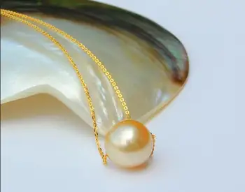 

free shipping gorgeous round south sea12-13mm gold pearl necklace 14k