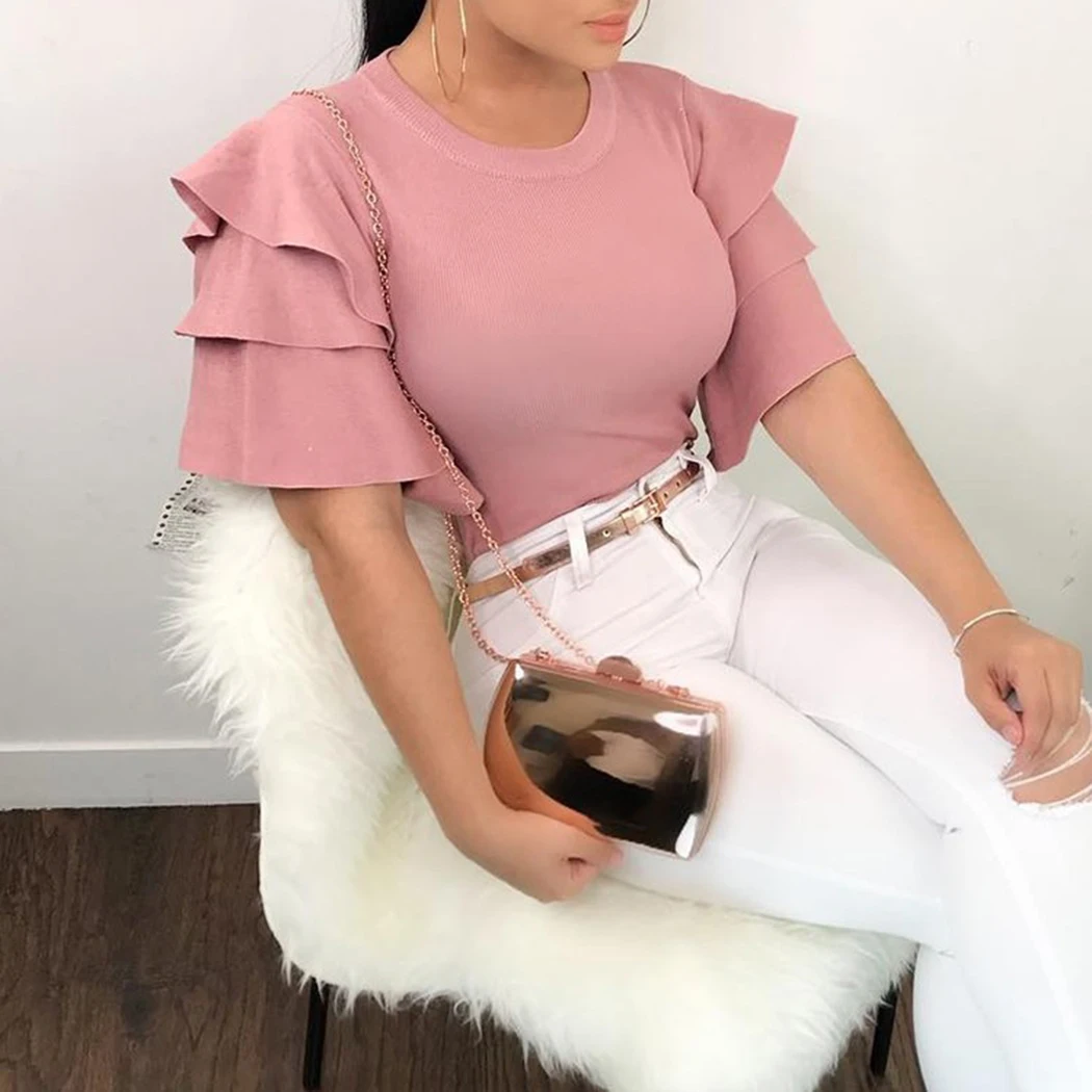 Formal Blusas Las Oficina Moda Verano Pink De Mujeres Manga Wine Señoras Blusa Tops Elegante red Para Ruffle Camisas wqnXwp0E57