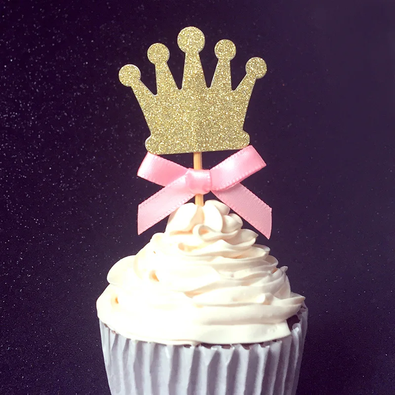 Custom Bow Color Gold Silver Black Glitter Crown Cupcake Toppers