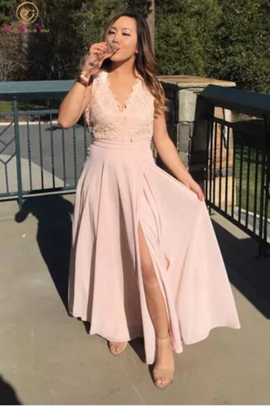 

Rose Pink Prom Dress Sexy High Split Side Deep Neck Lace Top Chiffon Simple A-line Sleeveless Floor Length Backless Evening Gown