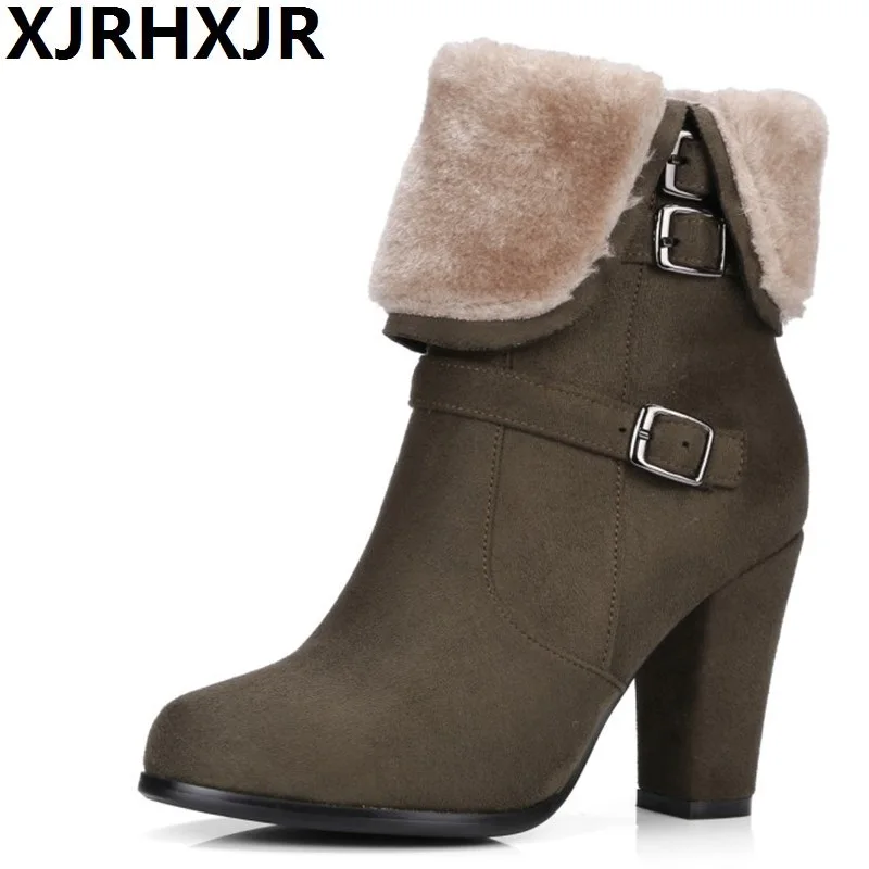

XJRHXJR Big Size 34-43 Winter High Heels Platform Women Ankle Boots Retro Rabbit Fur Plush Buckle Zipper Black Lady Short Boots