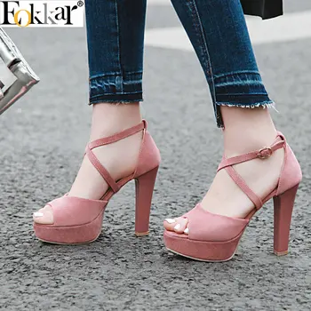 

Eokkar 2019 Peep Toe Women Super High Heels Platform Pumps Flock Buckle Strap Casual Ladies Party Wear Dress Shoes Size 34-43