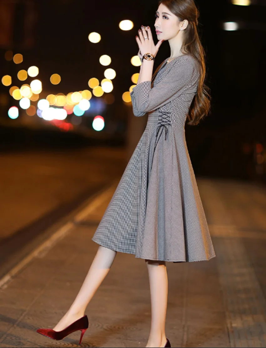 

Flying ROC Free shipping 2019 new style slimming Plaid dress early autumn dress women's popular dress