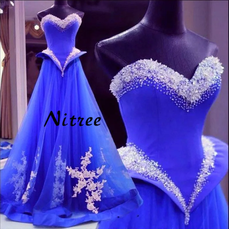 Arabic Royal Blue Beading Evening Dress 2018 Appliques Party Event Dubai Formal Prom Dress Gowns For Weddings Vestido De Festa