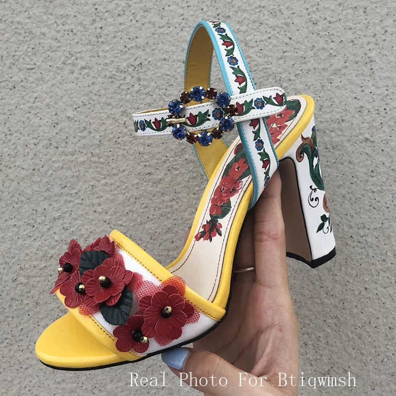 Женские сандалии-гладиаторы в стиле ретро с открытым носком; Бусы из горного хрусталя; туфли на высоком каблуке с цветочным узором и ремешком на лодыжке; модная женская обувь для вечеринок