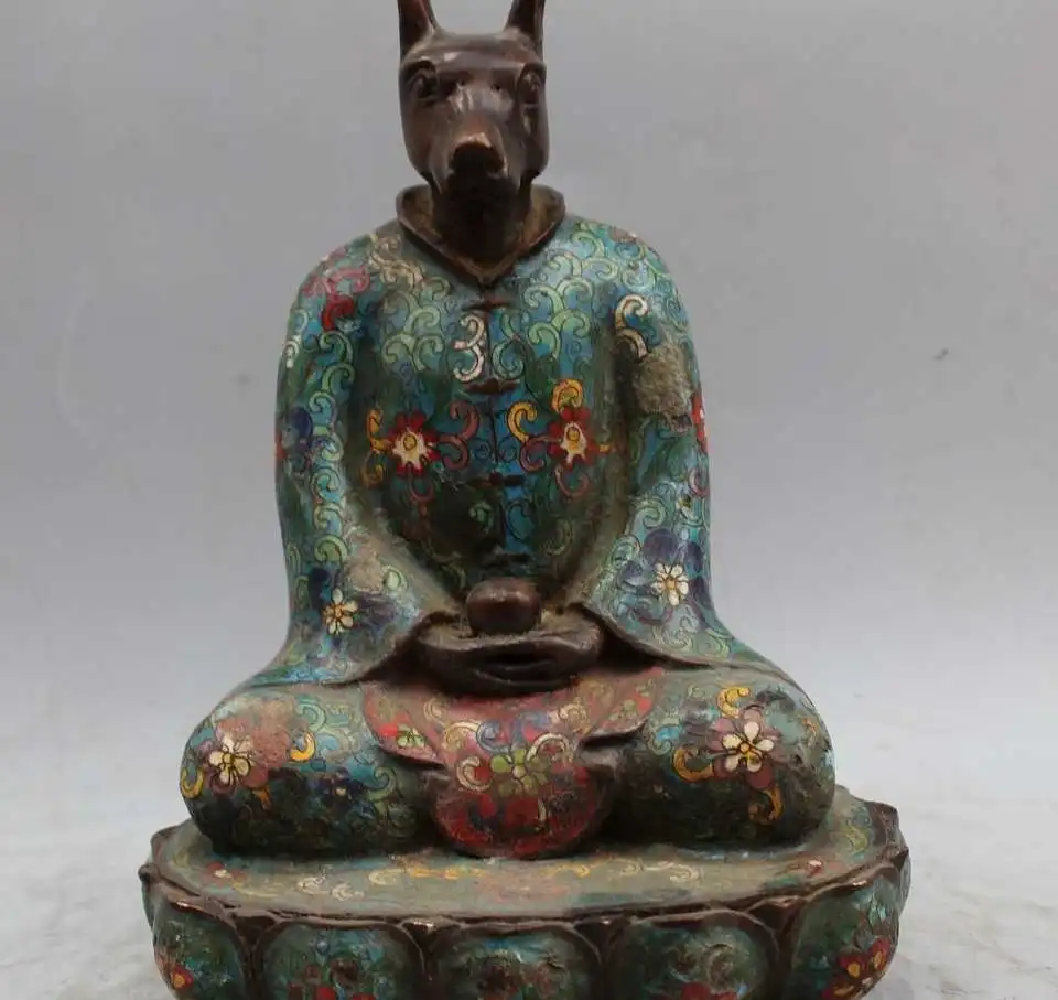 

11" Old China Chinese Folk Fengshui Bronze Cloisonne Zodiac Year Dog Statue