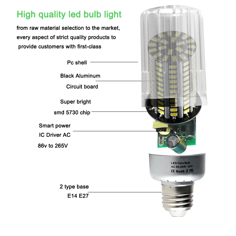 Ampoule led e 14 E 27 ламповый светильник 20 Вт высокой мощности, яркий переменный ток, 110 В, 220 В, внутренний светильник, свеча, Точечный светильник 5736, 99 светодиодов, алюминиевые лампы
