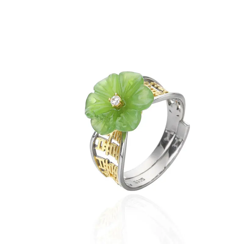 

RADHORSE 925 Silver Rings for Women Fine Jewelry Hetian jasper Flower folk-custom Sterling Silver Ring Adjustable Silver gray