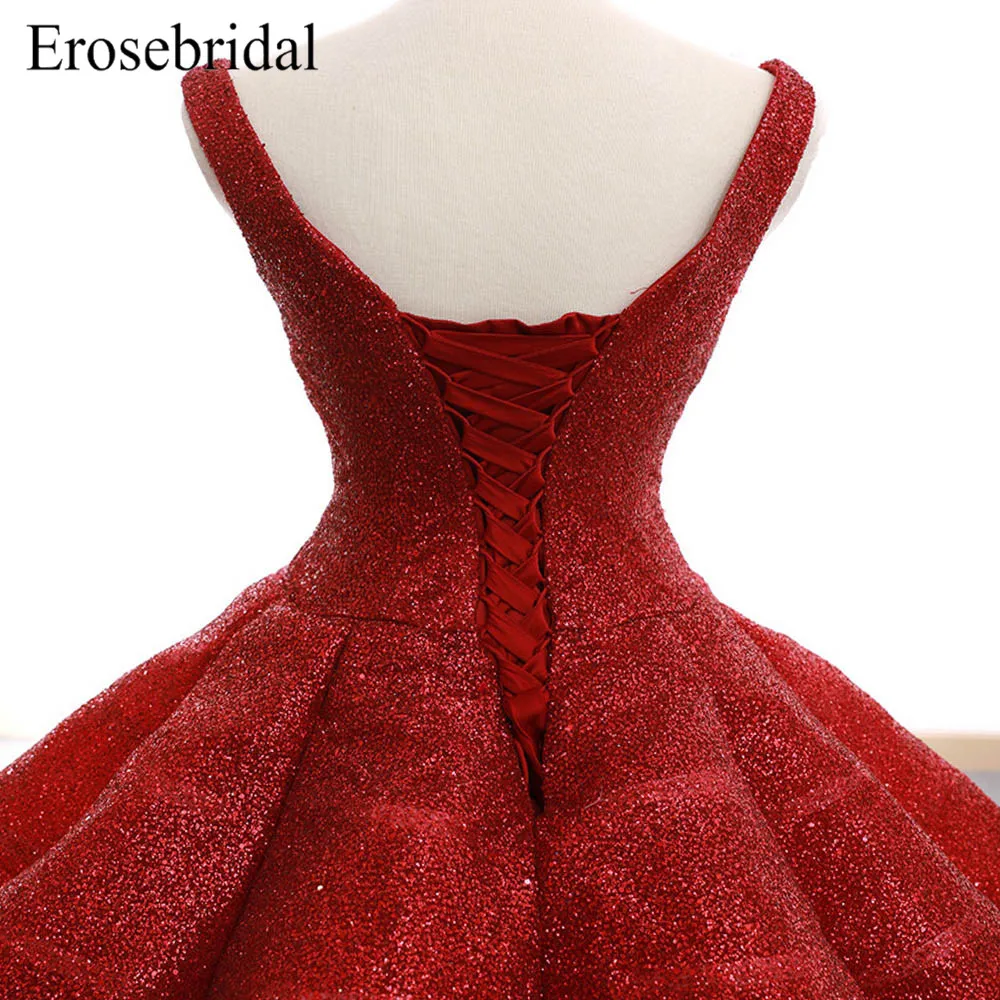 Red Ball Gown Evening Dress Long 2019 Sequined Evening Wear V Neck Elegant Lace Up Back robe de soiree Real Image