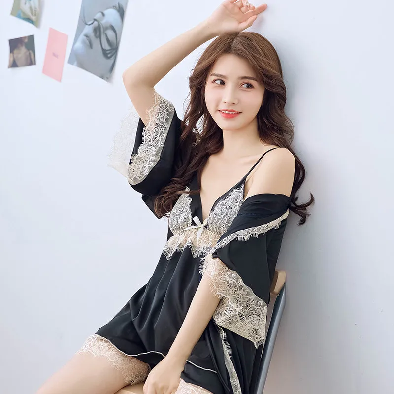satins lace pajamas sets 3pcs  (5)