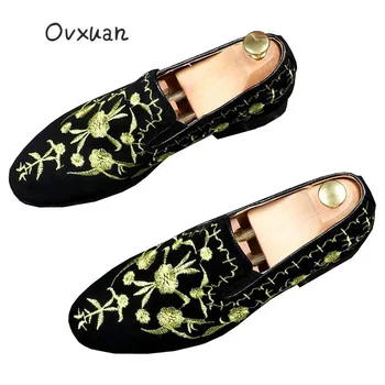 

Ovxuan Gold Silk Embroideried Flower Genuine Leather Loafers Men Slippers Man Wedding Men's Dress Shoes Casual Handmade Shoes
