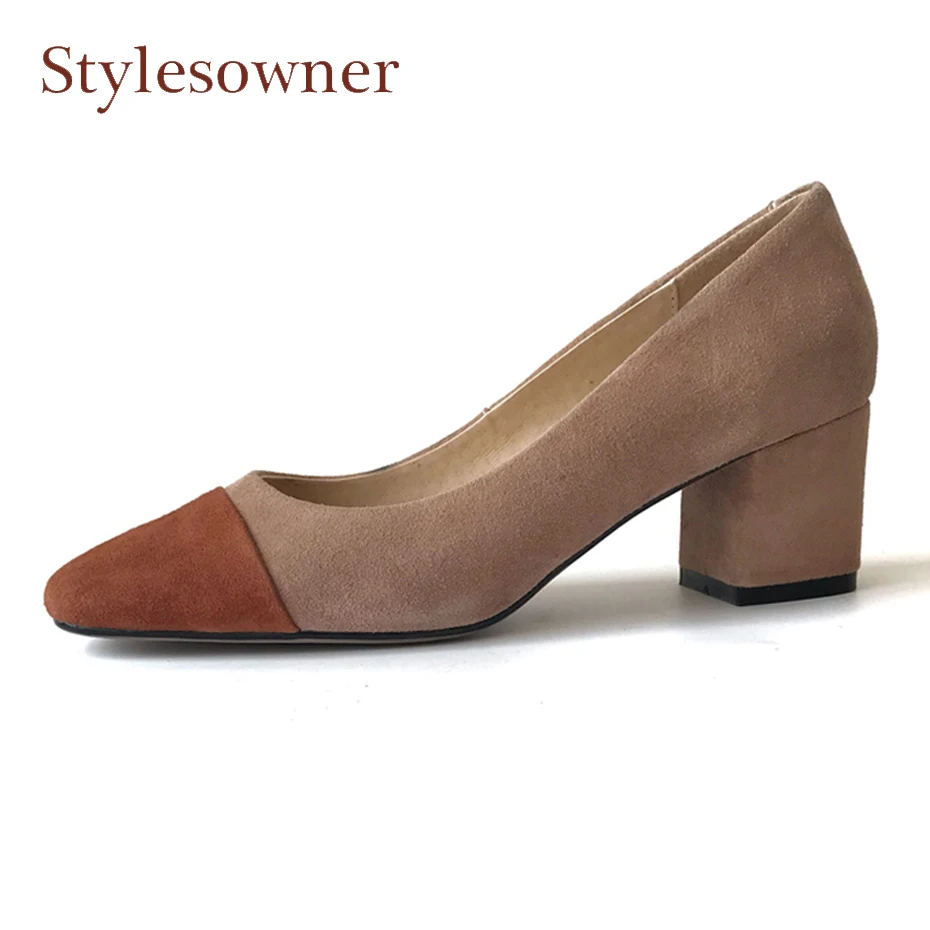 Stylesowner genuine leather mixed color high heel spring women shoes square toe shallow 5cm 2cm chunky heel pumps mujer zapatos Stylesowner genuine leather mixed color high heel spring women shoes square toe shallow 5cm 2cm chunky heel pumps mujer zapatos