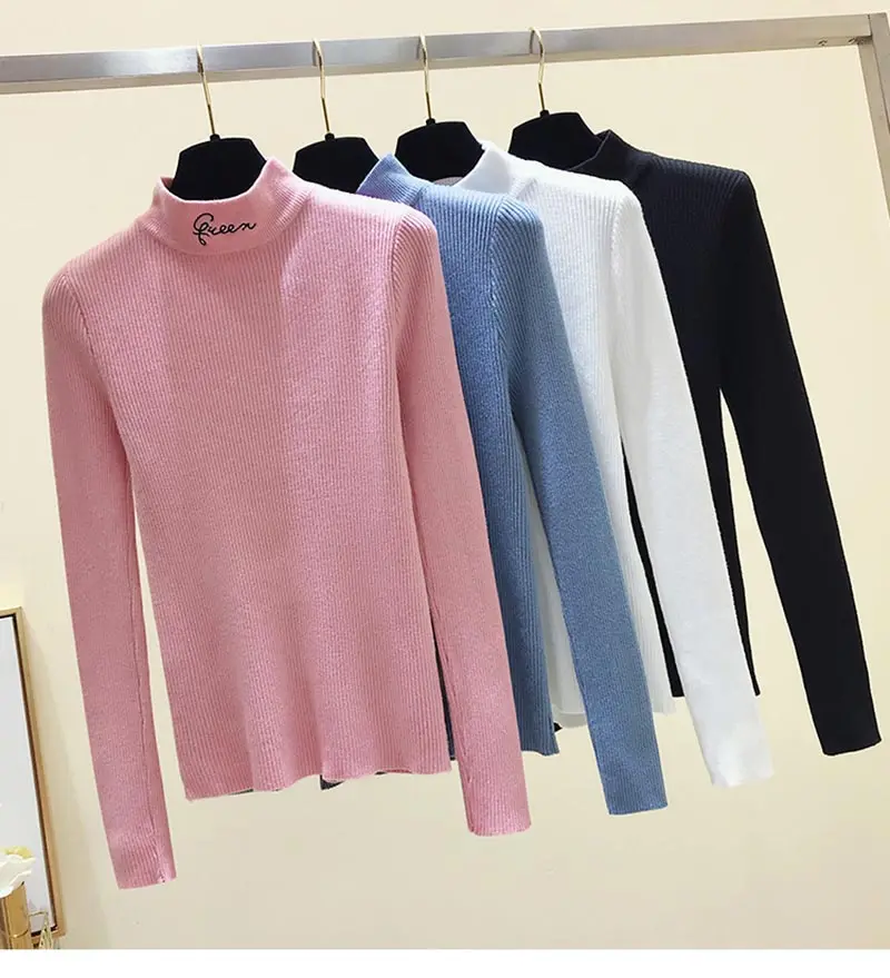 New Women Sweater Queen Embroidery Letter Knitted Pullovers Crew Neck Autumn Winter Casual Slim Elastic Ladies Knitwear | Женская одежда