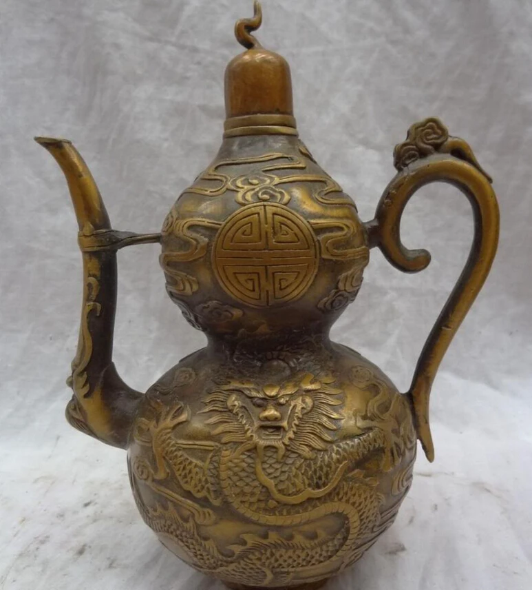

song voge gem S5407 9" Chinese Bronze Longevity Dragon Head Statue FengShui Gourd Teapot Wine Pot