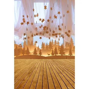 

Vinyl Window Photography Backdrop Printed Curtain Stars Decor wood floor Land Trees Kids Fairy Tale Background