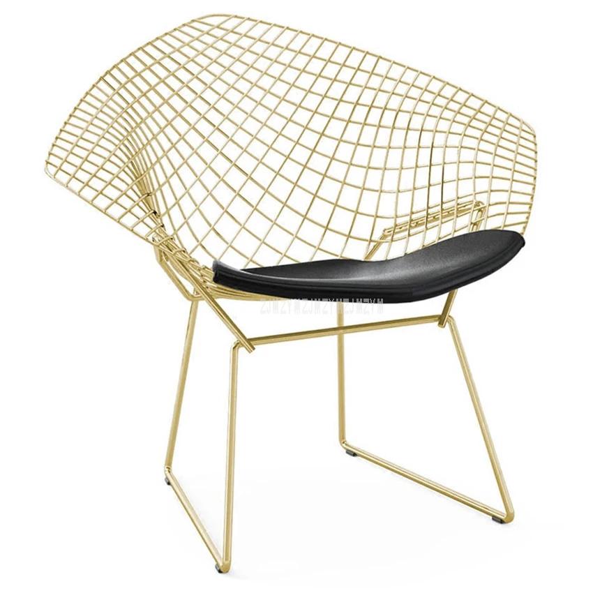 Creative Modern Design Decorative Wire Chair Metal Iron Gold Chromed Padded Leisure Dining Chair With Leather Soft Seat Cushion