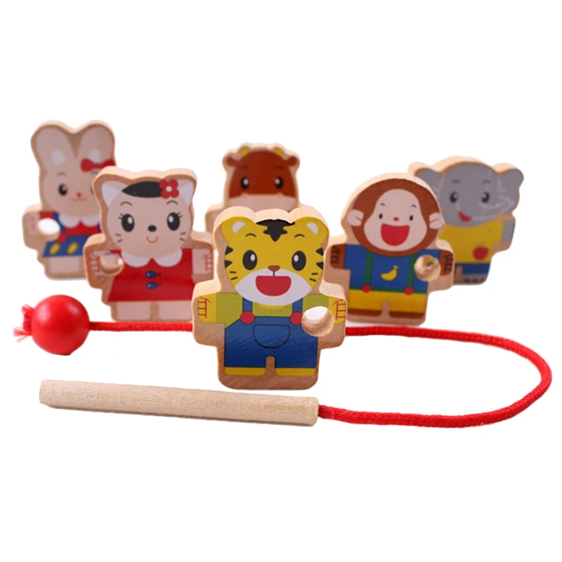 Wooden Toys Diy Toy Cartoon Animal Threading Wooden Beads Toy Montessori Educational For Kids 2