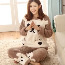 Autumn and Winter Women Pyjamas Sets Thick Warm Coral Velvet Suit Flannel Long Sleeve Female Cartoon Bear Animal Pants Sleepwear