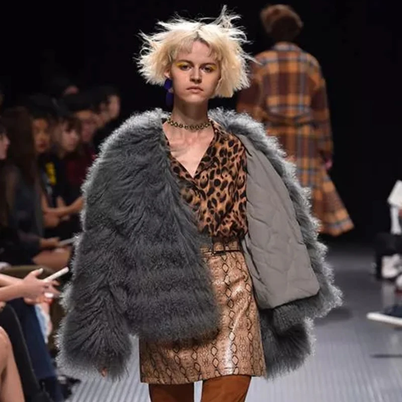 

New Design Real Fur Mongolian Sheep Fur Coat Women V-neck Natural Fur Coat Striped Warm Winter rf0248