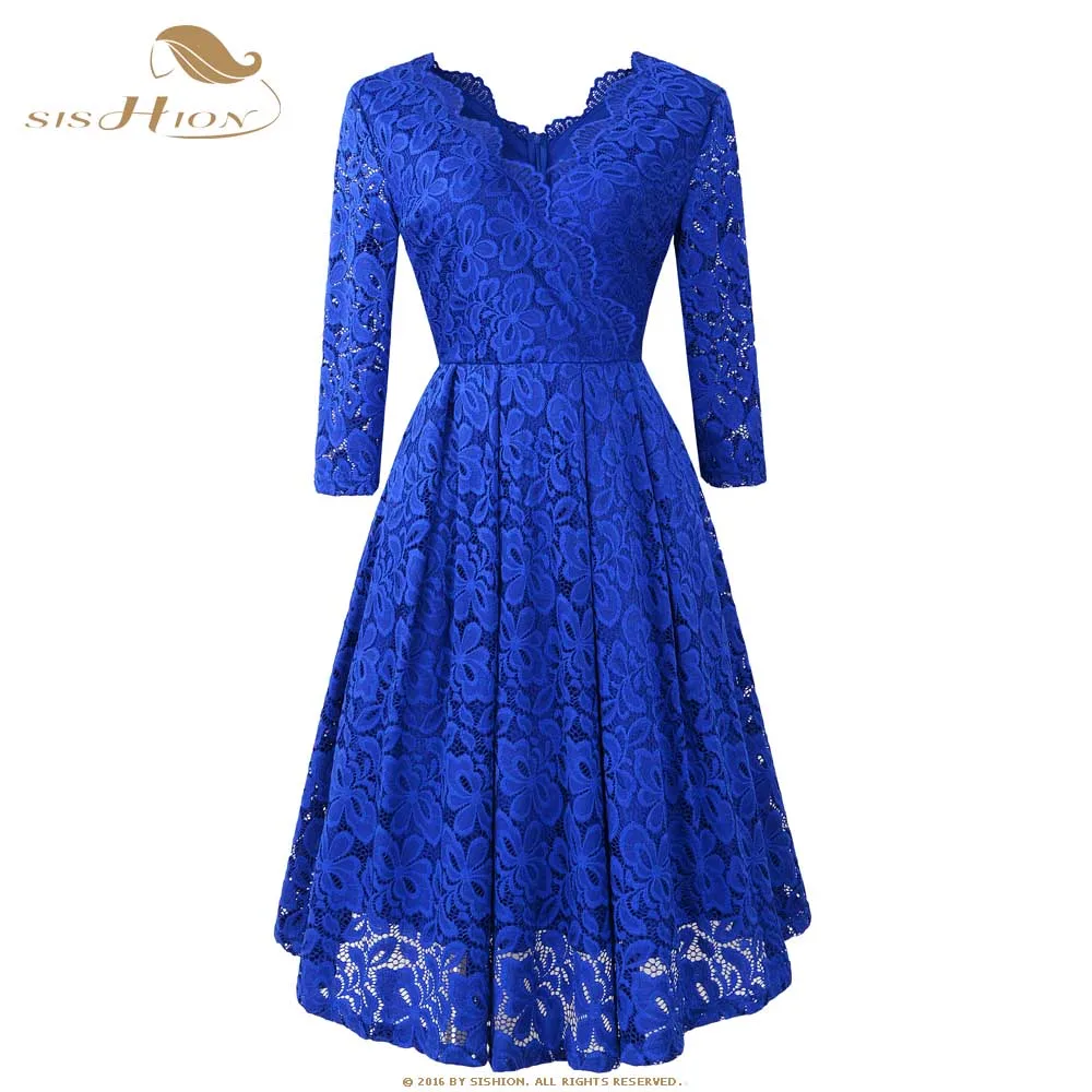 

SISHION Long Sleeve Dress AY8111 Ladies High Quality Cross V Neck Swing Purple Blue Black Green Red Elegant Party Lace Dress