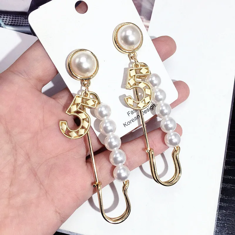

Korea Fashion Digital Pin Shape Simulated Pearl Drop Earrings For Women Personality Matte Metal Dangle Pendientes