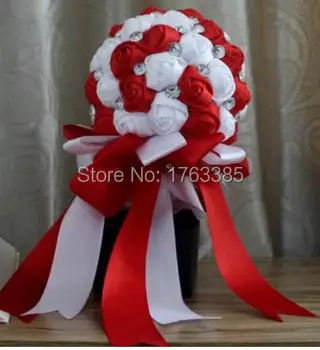 

White & Red Handmade Diamante Clear Crystal Rhinestone Satin Roses Wedding Decorative Flowers Bridal Bridesmaid Bouquet