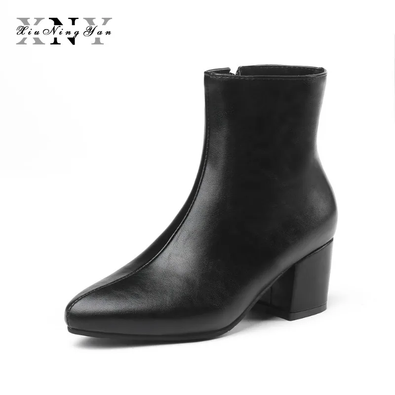 

XiuNingYan Women Boots Ankle Boots Winter Shoes Chunky Heel Women's Boots Zipper Round Toe Brand Woman Botas Black Plus Size 45