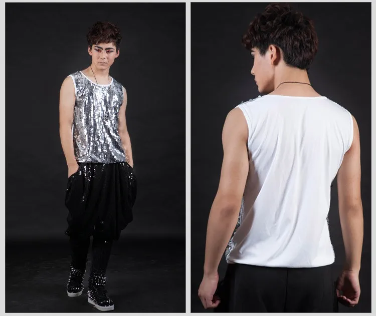 Модная мужская Тонкая рубашка без рукавов с блестками певец из ночного клуба DJ жилетка DS костюмированное оборудование шоу сценическая одежда