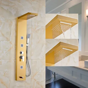 

Luxury Gold Wall Mounted Bathroom Shower Panel Shower Faucet Set Rectangle Shower Head With Hand Shower