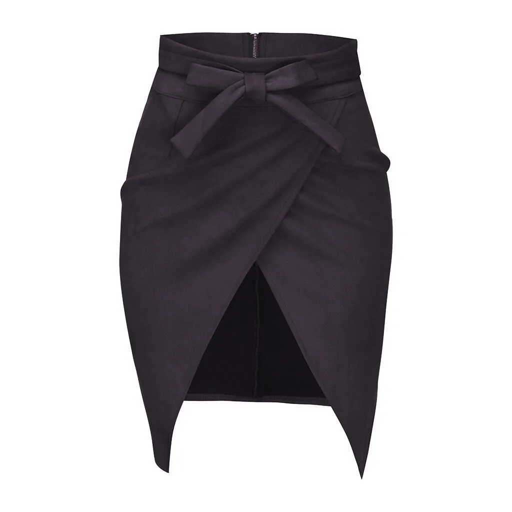 KLV/ Женская мода солидное ассиметричное галстуком-бабочкой пояса до колена-Длина юбка D4