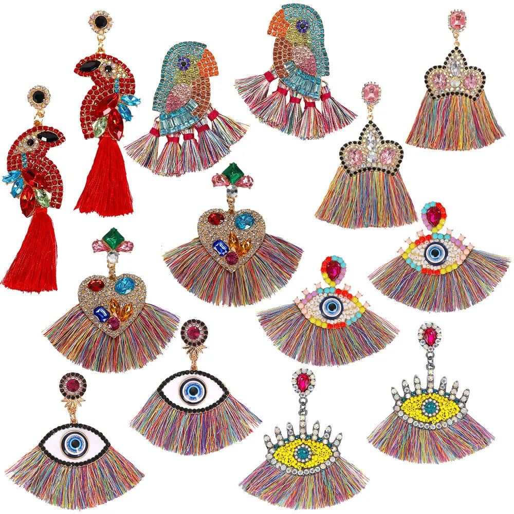 

Best lady Boho Colorful Glass Birds Drop Earrings Wedding Shiny Girls Gift Heart Crown Fringed Tassel Statement Earrings Party