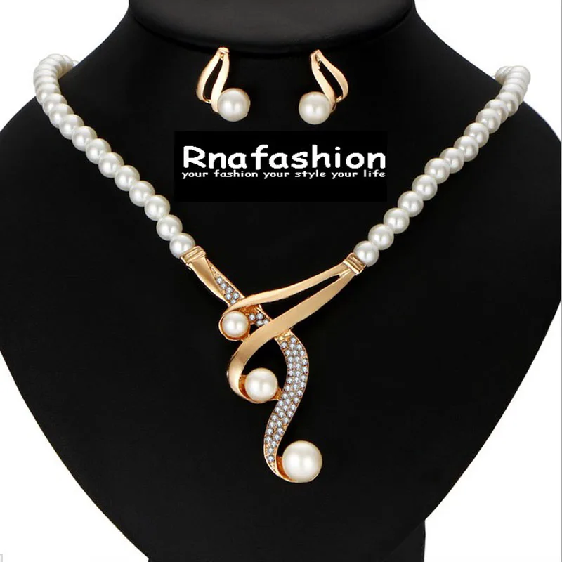 

RNAFASHION Elegant Pearl Motif Pendant Graceful Style for Woman Party Wedding Necklace Earring Jewelry Sets Gift Accesories
