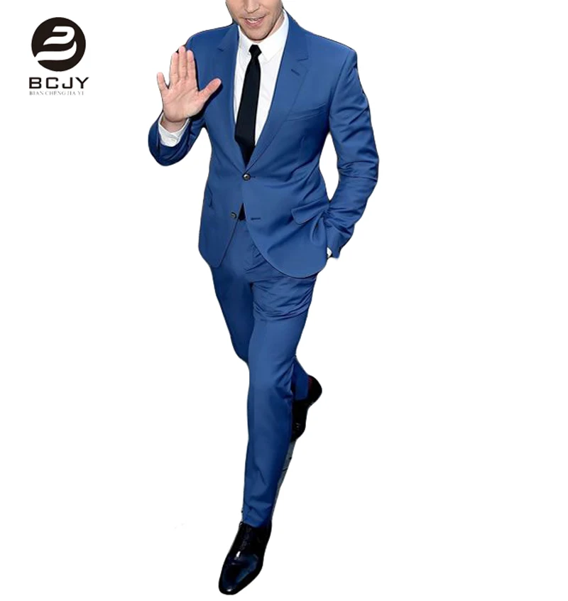 

2 Buttons Peak Lapel Slim Fit Blue Men Suits 2 Pieces Wedding Suits for Men Groomsmen Suit Business Suits (Jacket+Pants+Tie)